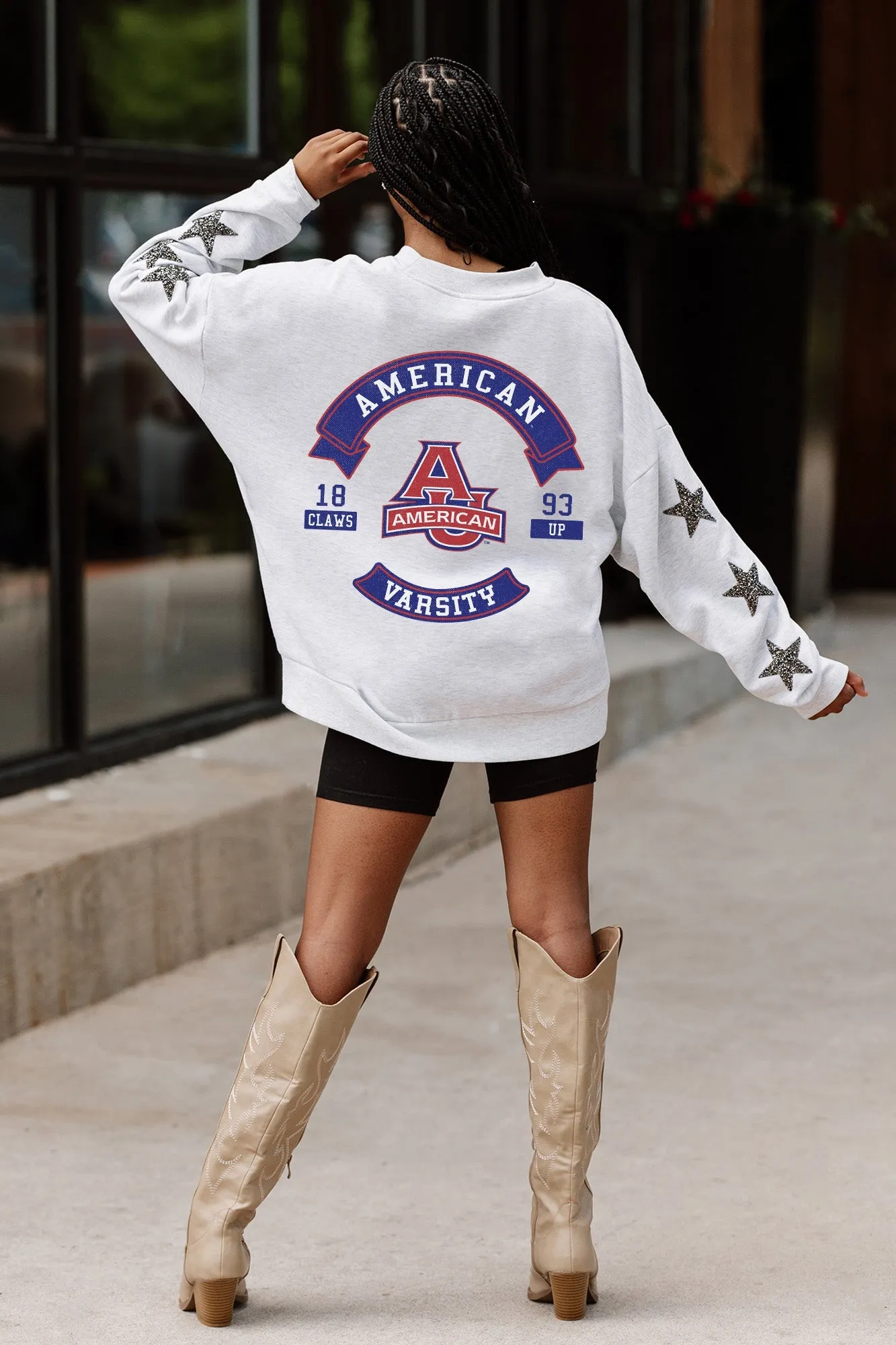 AMERICAN UNIVERSITY EAGLES READY FOR IT EMBELLISHED STAR SLEEVE CREWNECK PULLOVER