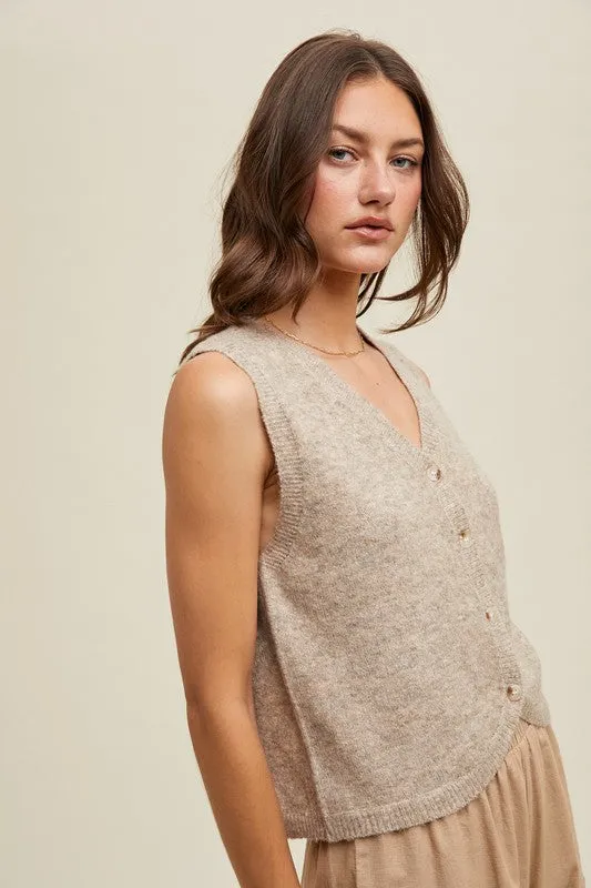 Brushed Button Up Sweater Vest - Taupe