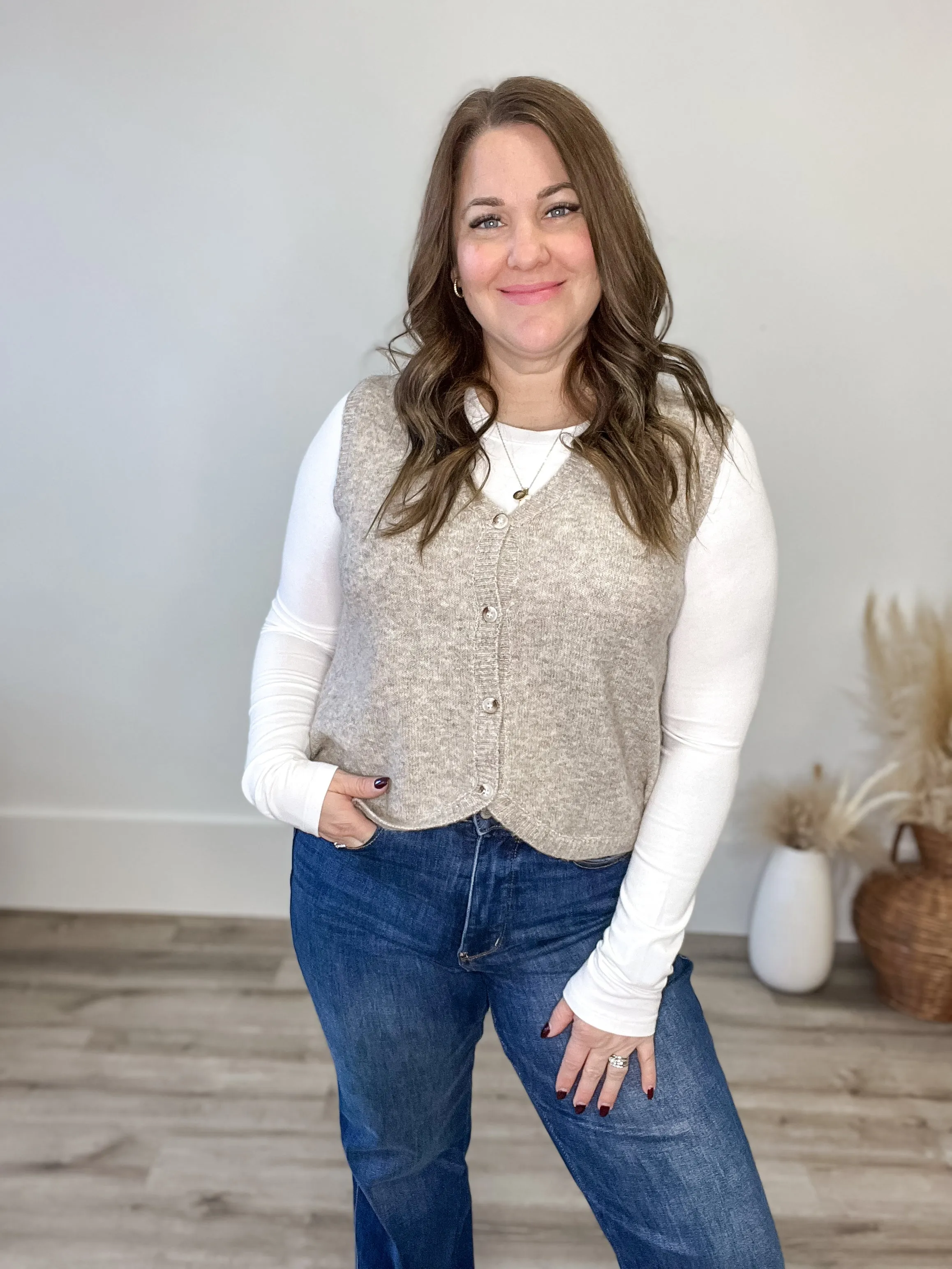 Brushed Button Up Sweater Vest - Taupe