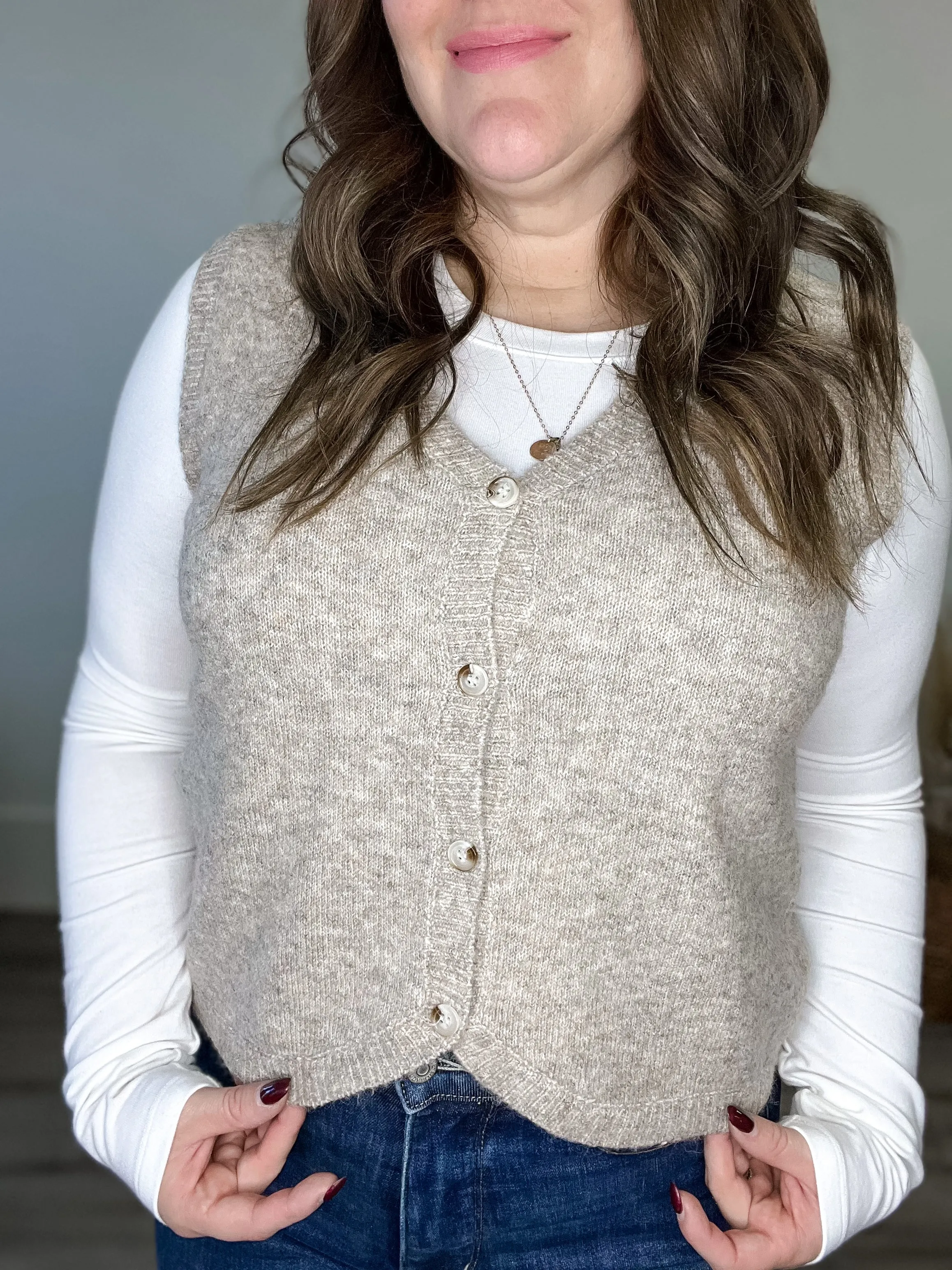 Brushed Button Up Sweater Vest - Taupe