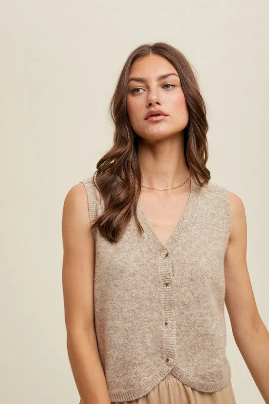 Brushed Button Up Sweater Vest - Taupe