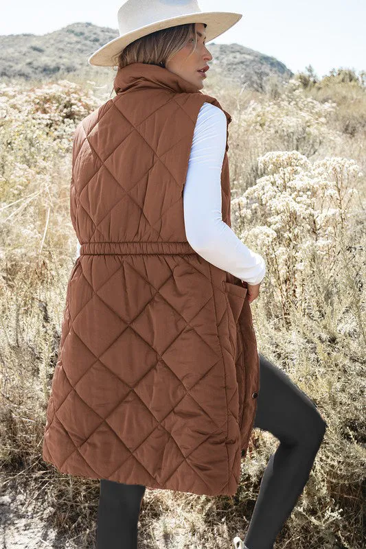 Coffee Longline Quilted Puffer Vest