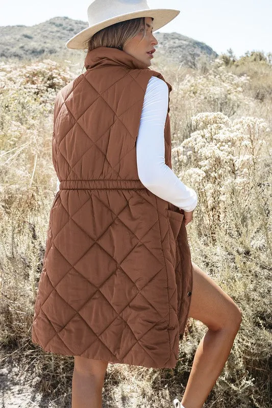Coffee Longline Quilted Puffer Vest
