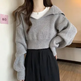 Grauer Strick-Cropped-Pullover mit Kragen im Koreanischer Stil