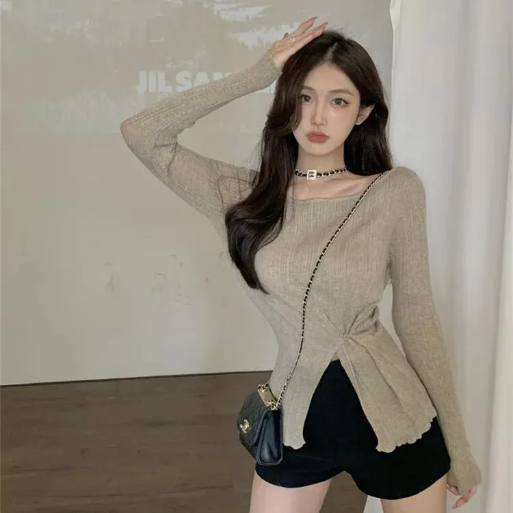 Grunge Damen-Pullover mit freien Schultern und Gabelsaum