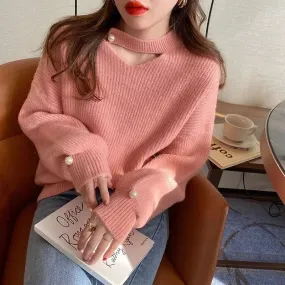 Koreanischer Rosa Strickpullover mit Perlen für Damen