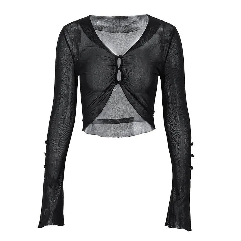 Long Sleeve Mesh Cutout Buttoned Top