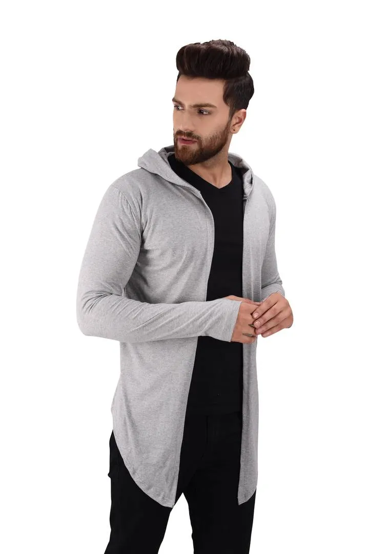 Men's Grey Cotton Blend Solid Long Sleeves Cardigan