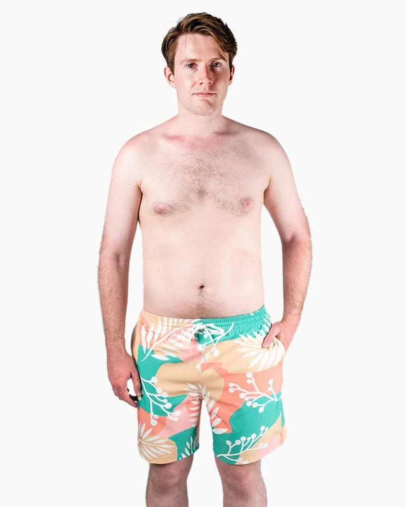 Men's Swim Beach Trunks - White Leaves