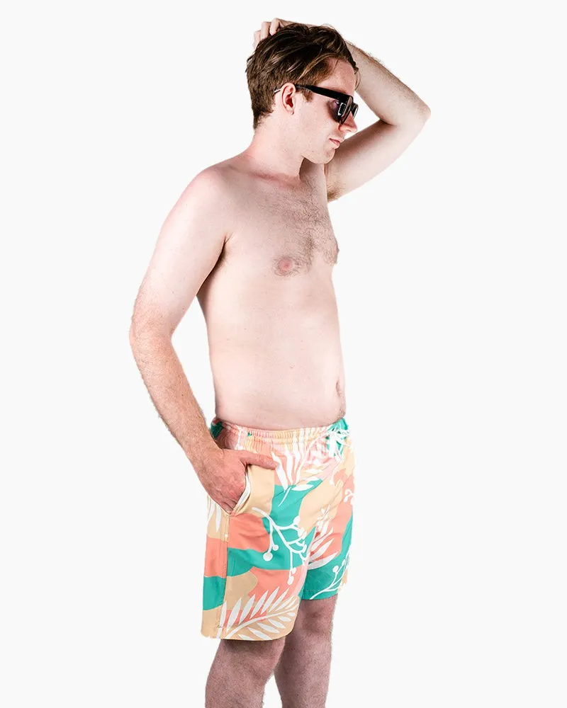 Men's Swim Beach Trunks - White Leaves