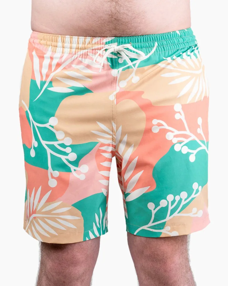 Men's Swim Beach Trunks - White Leaves