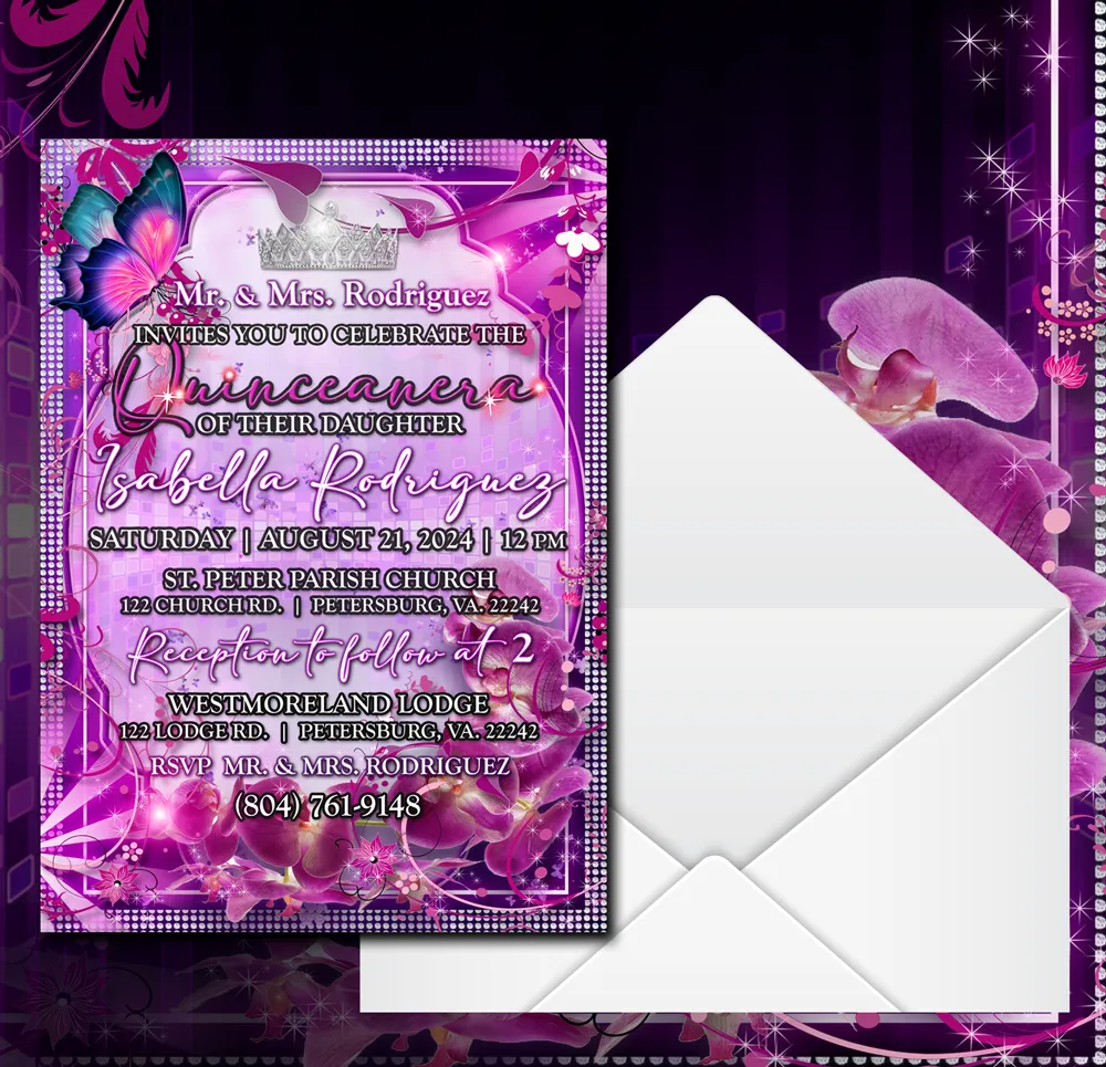 Purple Butterfly Elegant Quinceanera invitations, quince invitations, quiceañera invitations 5 in. x 7 in. Invitations with envelopes