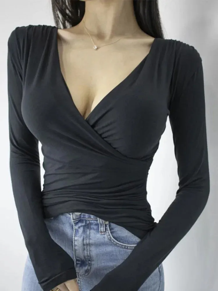 Sexy V Neck Cotton Basic Long Sleeve Tee