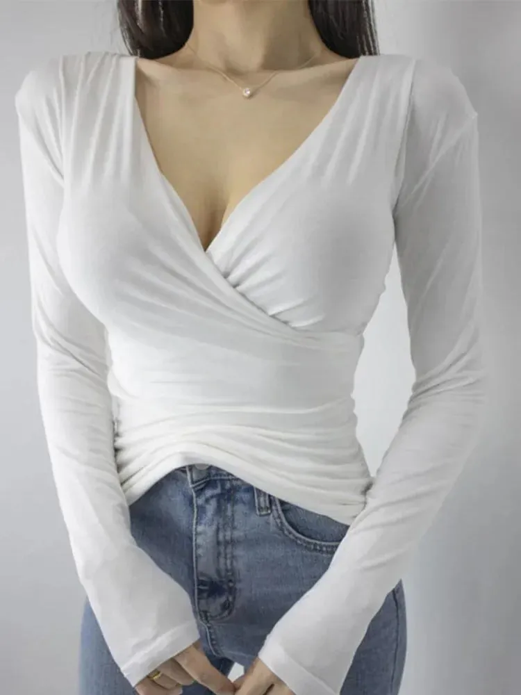 Sexy V Neck Cotton Basic Long Sleeve Tee