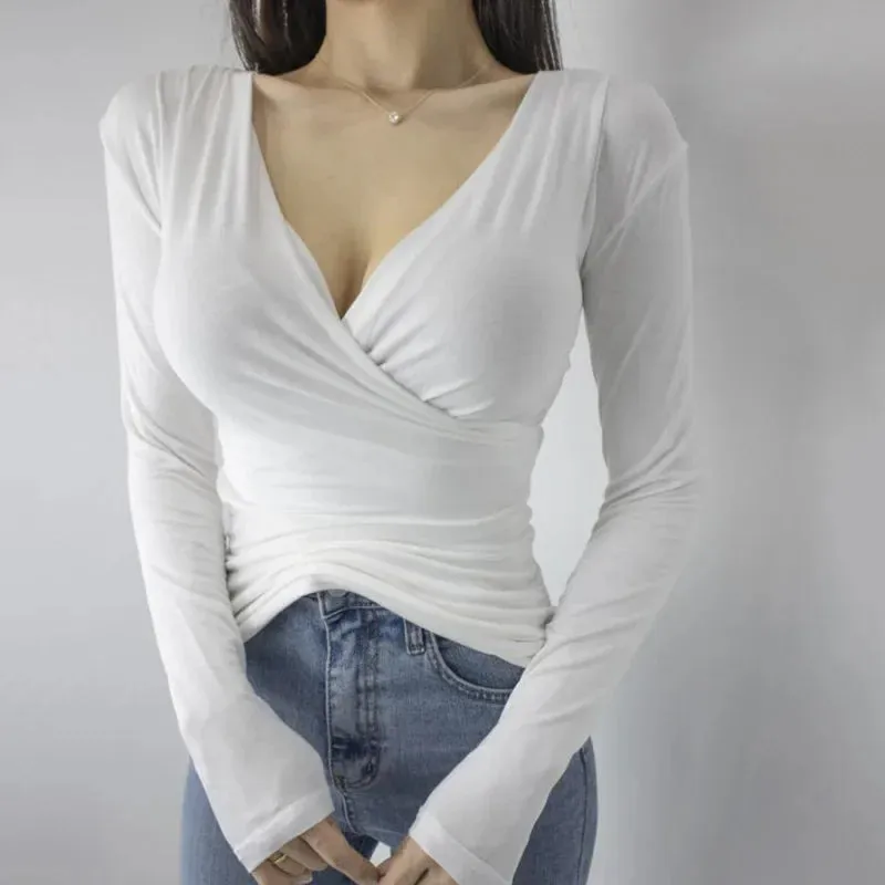Sexy V Neck Cotton Basic Long Sleeve Tee