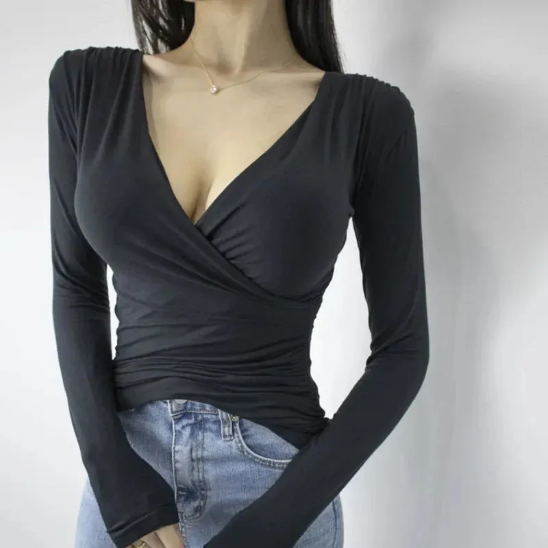 Sexy V Neck Cotton Basic Long Sleeve Tee