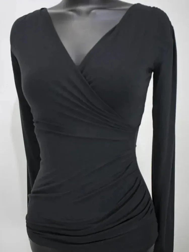 Sexy V Neck Cotton Basic Long Sleeve Tee