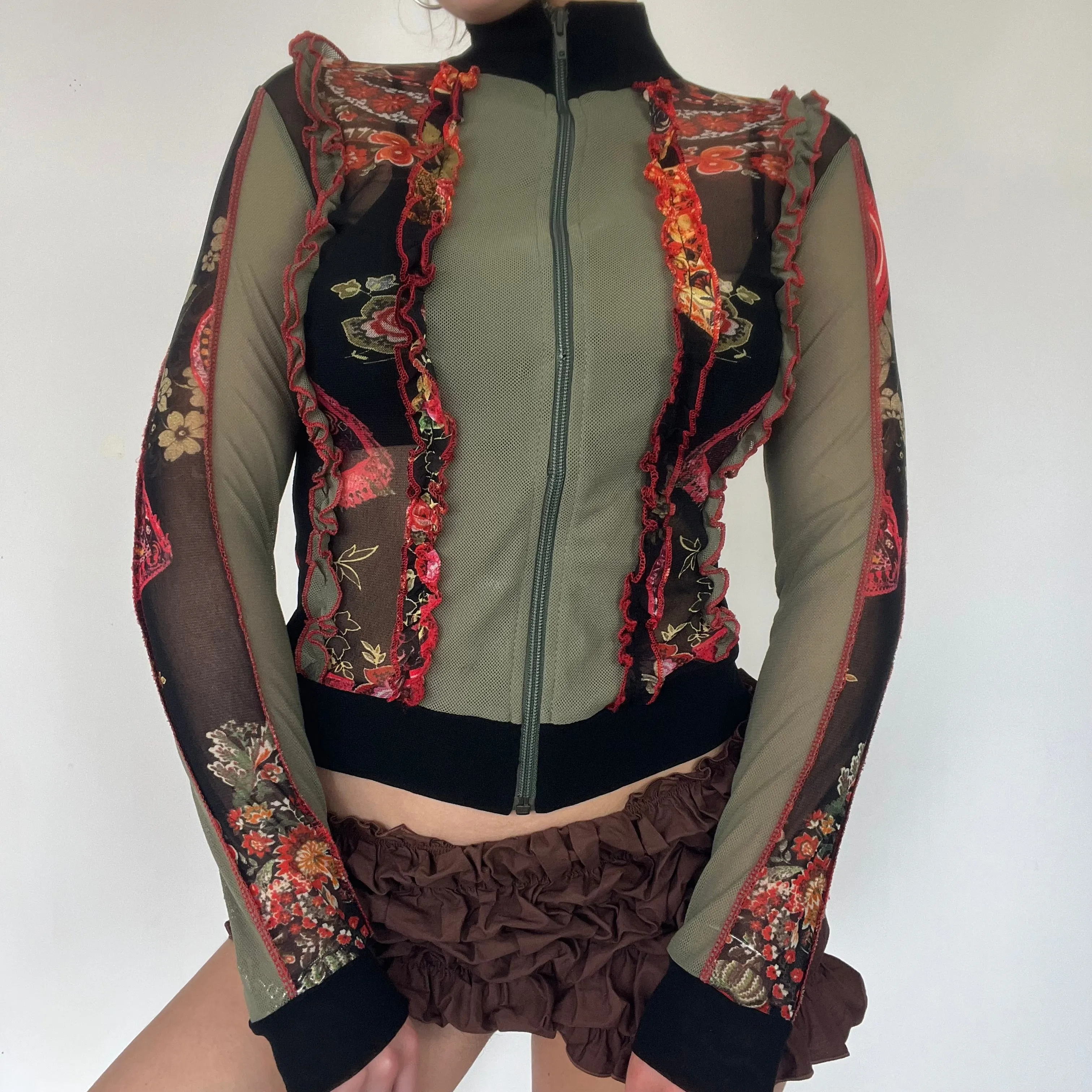 Y2K khaki mesh graphic print zip up top - Size S